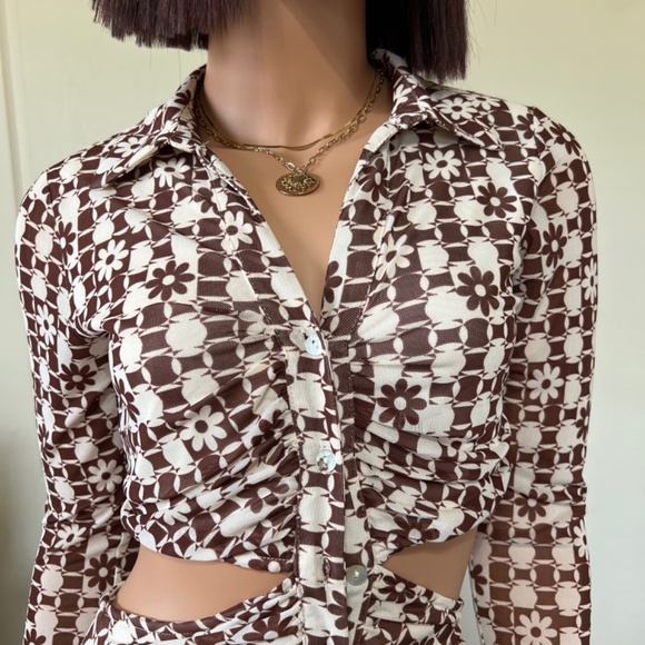 Cotton Candy LA Mini Dress Open Back - Floral 70's Brown Long Sleeve Size Small - Picture 4 of 6